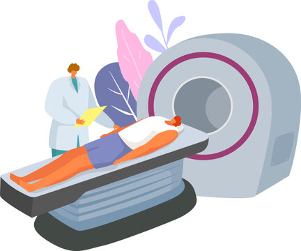 Patient undergoing MRI scan with doctor monitoring. Medical examination with magnetic resonance imaging technology. Modern healthcare and diagnostics vector illustration.