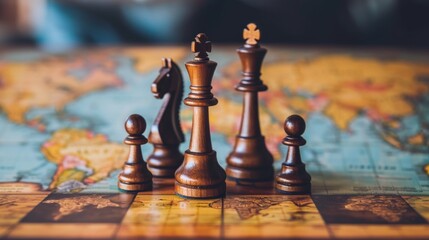 chess wooden pieces on worldwide map surface