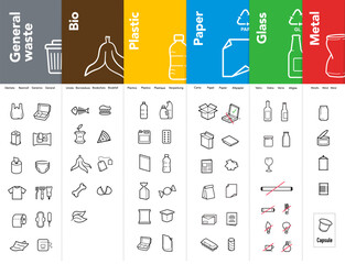 Ready sets of icons for separating trash. Vector elements are made with high contrast, well suited to different scales and on different media. Ready for use in your design. EPS10. - obrazy, fototapety, plakaty
