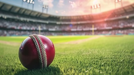 closeup of cricket red ball on cricket stadium - obrazy, fototapety, plakaty
