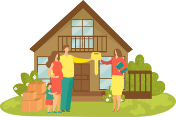 Family with child gets keys to new house, standing outside home with boxes. Happy homeownership concept, beginning of new life. Family moving in vector illustration.