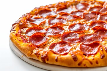 Tempting Pepperoni Pizza Delight - Closeup View of a Pepperoni Pizza with Toppings on a White Background