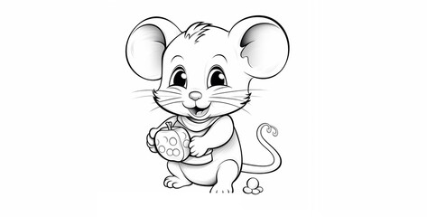 coloring page no color cute mouse cartoon, mouse with cheese