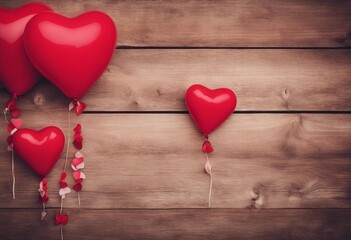 Valentines day background panorama banner long two red hearts balloons and bokeh lights on rustic br