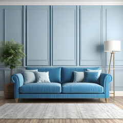 Interior of living room with blue sofa. 3d rendering.