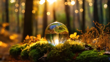 
Earth Day - Environment - Green clear glass Globe In Forest With Moss And Defocused Abstract Sunlight
