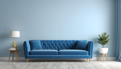Interior of living room with blue sofa. 3d rendering.