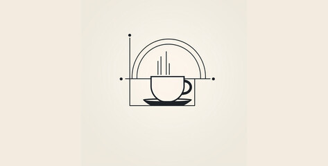 modern minimalist hipster line logo with geometric frame, coffee cup icon, cup of coffee with beans