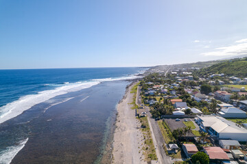 Aerial view by drone of La plage de l'Hermitage, a white sand beach, it is located between Saint-Gilles-les-Bains and La Saline, Reunion Island