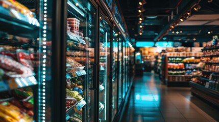 Refrigerated foods in a store. Supermarket shelves with variety of food and beverages. - obrazy, fototapety, plakaty
