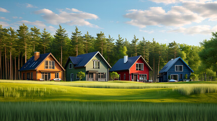 Colorful House In Green Land With Hills Background, Generative Ai