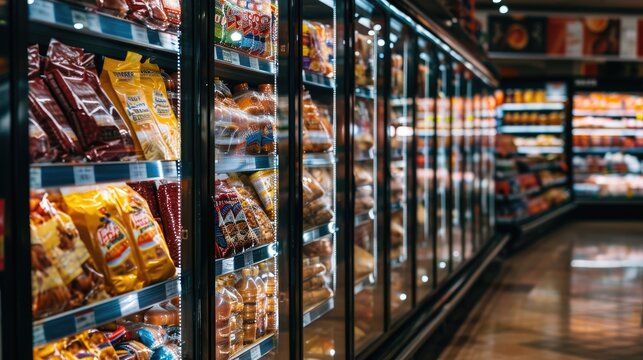 Refrigerated foods in a store. Supermarket shelves with food products. Shallow depth of field.