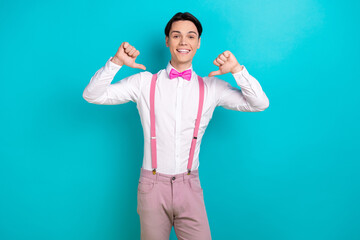 Photo portrait of attractive young man point self personal branding dressed stylish pink clothes...