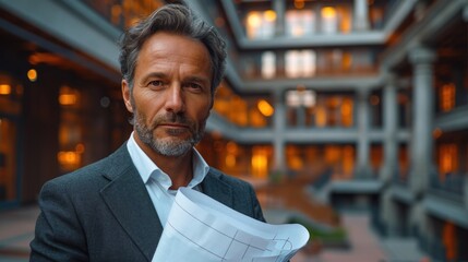 Influential real estate mogul with a skyline backdrop, denoting success in property development.