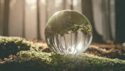 
Earth Day - Environment - Green clear glass Globe In Forest With Moss And Defocused Abstract Sunlight
