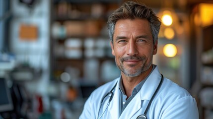 Obraz premium Warm and trustworthy male doctor in a medical setting, symbolizing healthcare professionalism.