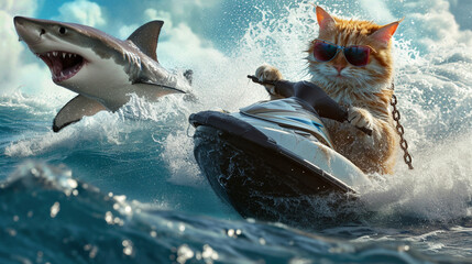 Obraz premium A shark is chasing a cat driving a motorboat
