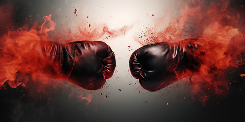 Fire boxing gloves, The Grit of a Fighter Glove, Closeup of boxing gloves with fire and smoke effect. Sport tournament and match game concept. Generative AI 

