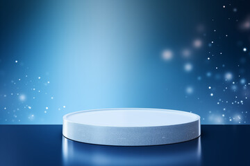 An Empty round cylinder platform podium for the product presented with copy space to add text or product for advertising on a blue background and bokeh