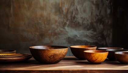 Group of Wooden Bowls on Table, Kitchen Utensils Set, Rustic Wood Serving Dishes