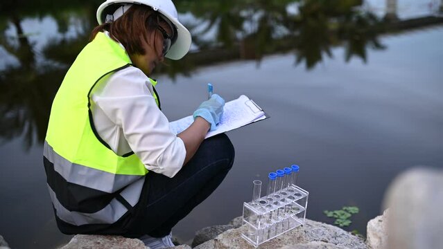 Environmental engineers inspect water quality,Bring water to the lab for testing,Check the mineral content in water and soil,Check for contaminants in water sources.