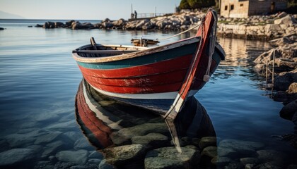 Fototapeta na wymiar Red and Blue Boat Floating on Calm Water