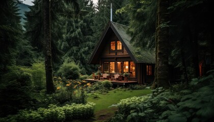 Fototapeta na wymiar Small Cabin Nestled Amongst Majestic Forest Trees - Serene Wilderness Getaway