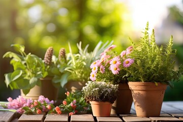 Fototapeta na wymiar pots with flowers in outdoor garden