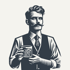 Man with facial hair in a vest holding a decorated glass of drink. Black and white vintage woodcut style vector illustration.