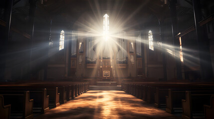 Sonnenstrahlen durch ein Kirchenfenster beleuchtet Kirche - obrazy, fototapety, plakaty