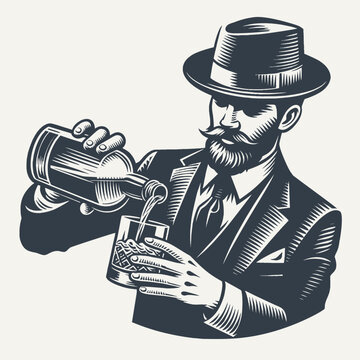 Nicely groomed bartender wearing a suit and a hat, pouring a drink from a bottle to a glass. Black and white vintage woodcut style vector illustration.