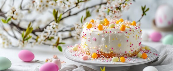 Easter cake and colored eggs with pussy willow, banner - obrazy, fototapety, plakaty