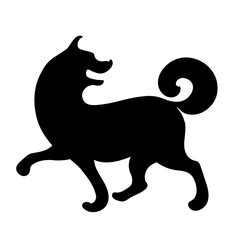 Black silhouette of dog with curled tail. Vector image.