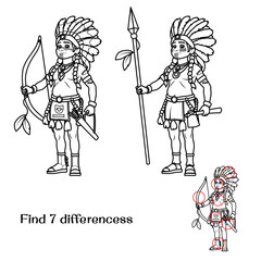 The leader of an Indian tribe with a weapon. Find 7 differences. Tasks for children. vector illustration