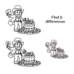 Leprechaun with clover and coins. Find 5 differences. Tasks for children. vector illustration