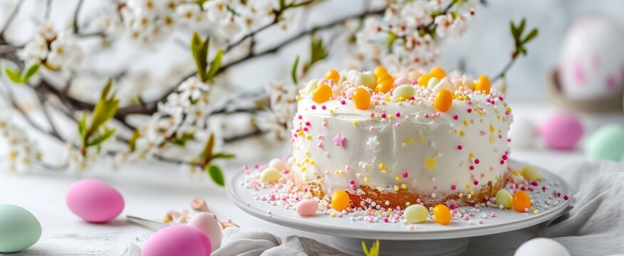 Easter cake and colored eggs with pussy willow, banner