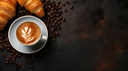 coffee cup, croissant and coffee beans on dark table, in the style of commercial imagery