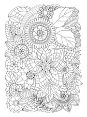 Flower pattern. Vector doodle flowers in black and white. Page adult coloring book. Coloring Flower Page.