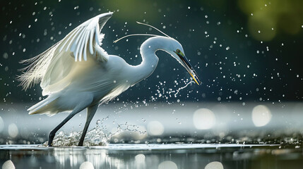 Close up of Egret Catching Fish - obrazy, fototapety, plakaty