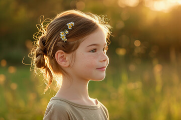 Child's profile portrait, innocent gaze, freckles, wildflowers in hair
