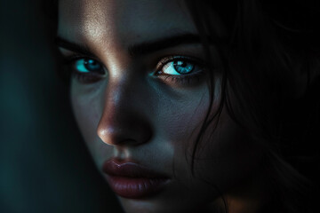 Mysterious portrait, half in shadows, with an intense gaze from the visible eye