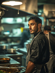 Profile portrait of a chef, kitchen action in the background, focused expression