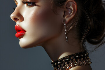 young woman, high-fashion look, statement jewelry, makeup highlighting cheekbones