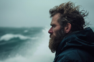 Side profile portrait of a man with a rugged beard, sharp jawline, against a stormy sea backdrop