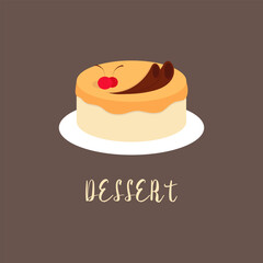 Tasty Sweet Сake decorated with Cherries and Chocolate on Plate. Dessert Vector Cute Illustration in Flat style on dark Background