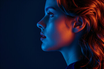 Artistic illuminated side-profile portrait, sharp jawline, rim lighting, dramatic shadows