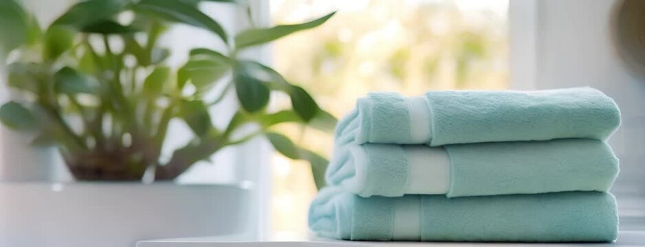 Stack of green towels on a table next to a houseplant. Home comfort and cleanliness concept.