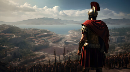 Römischer Legionär blickt auf Rom von einem Hügel - obrazy, fototapety, plakaty