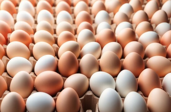 plenty of brown and white eggs in palette, top view. natural healthy food, Easter preparation