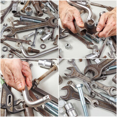 Collage with hand of mechanic with tools and details in workshop.